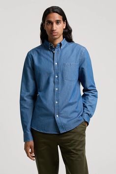 Stone Wash Denim Shirt | Heavy Button Down - ASKET Classic Medium Wash Chambray Denim Top, Classic Light Indigo Denim Shirt, Light Indigo Denim Shirt With Button Closure, Indigo Chambray Button-up Denim Top, Light Indigo Washed Chambray Denim Top, Everyday Medium Wash Denim Shirt, Classic Light Wash Denim Shirt, Everyday Denim Blue Shirt, Indigo Washed Button-up Denim Top