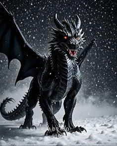 a black dragon with red eyes standing in the snow