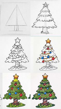 four different types of christmas trees are shown in this drawing lesson for children to learn how to draw