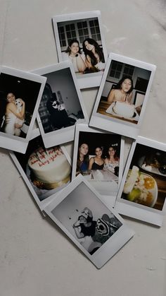 several polaroid photos of people and a cake