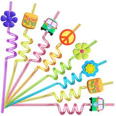 a bunch of colorful objects are arranged in the shape of a flower and peace sign