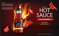 hot sauce in a glass bottle on fire with red chili peppers around it and text chilli hot sauce organic product