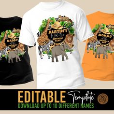 SAFARI Birthday Party t-shirt design Editable Template Printable Jungle animals t-shirt animal print Editable dtf sublimation t-shirt design ..Purchase, edit, and print within minutes! This instant download design is editable directly in your browser or on a *mobile device using Corjl.com. No need to download any software, fonts, or wait for proofs. ..Use your computer/laptop for advanced editing options. ..Get access to your design immediately FREE DEMO: Try before you buy! Copy and paste this Safari Birthday Shirt, Homemade Shirts, Baby Shower Shirts, Jungle Theme Birthday, Safari Birthday Party, Safari Jungle, Safari Print, Safari Birthday, Birthday Design