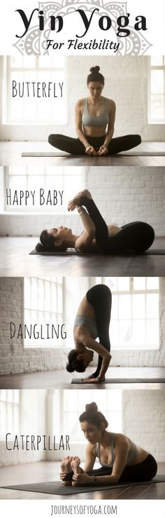 a woman doing yoga poses with the words yin - yoga on her chest and back