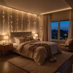 a bedroom with lights on the wall and a large bed in front of a window