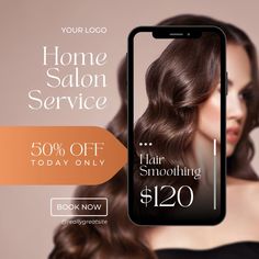 a woman with long brown hair is holding up her cell phone to show the ad for home salon service