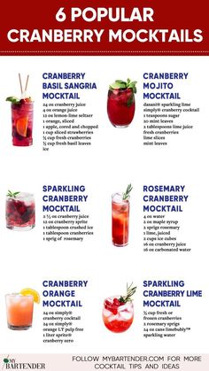 the 6 popular cranberry mocko cocktails are shown in red and white