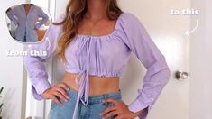 a woman with her hands on her hips wearing a purple shirt and blue jean shorts