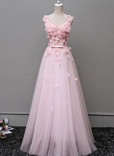 Cute V-neckline Floral and Tulle Long Formal Gowns, Evening Gowns, Par – Cutedressy Tulle Long Prom Dress, Sweet Dresses, Prom Dresses Long Pink, Long Formal Gowns, Senior Prom Dresses, Simple Prom Dress, Pink Prom, Senior Prom, Pink Prom Dresses