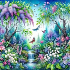 a painting of flowers and trees with butterflies flying over the water in front of them