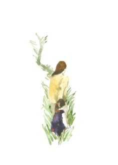 a painting of a woman and child walking through the grass with their hands in the air