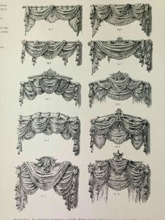 four different types of drapes and valances in black ink on white paper, each with