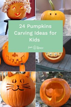 pumpkins carved to look like cats with the words 24 pumpkins carving ideas for kids