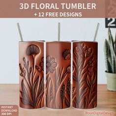 three brown vases with flowers and plants on them