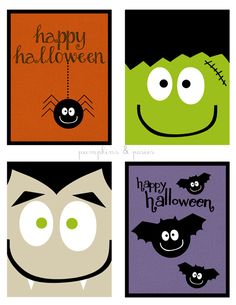 four halloween greeting cards with faces and bats