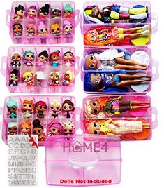 several plastic containers filled with lots of dolls