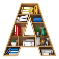 a wooden shelf with books and office supplies on it's sides, in the shape of a letter