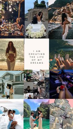 a collage of photos with people and money on them, including one woman in a white dress