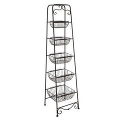 a tall metal rack with baskets on it's sides and one shelf below the basket