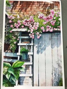 a painting of pink flowers growing on the side of a building