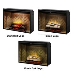 three different types of fireplace logs