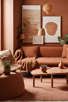 a living room with orange walls and furniture