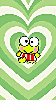 a heart shaped green and white background with a cartoon character