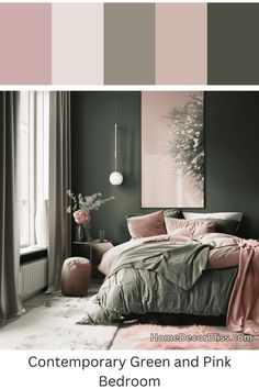 Contemporary Bedroom: Green Wall and Blush Bedding Blush Pink Feature Wall Bedroom, Emerald Green And Dusty Rose Bedroom, Forest Green And Rose Gold Bedroom, Bedroom Color Ideas Green, Olive Green Pink Bedroom, Dark Green And Pink Bedroom Aesthetic, Dark Green And Dusty Rose Bedroom, Pink And Mauve Bedroom, Sage Green And Dusty Pink Bedroom