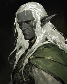 the white haired man with long hair is dressed in green and has horns on his head