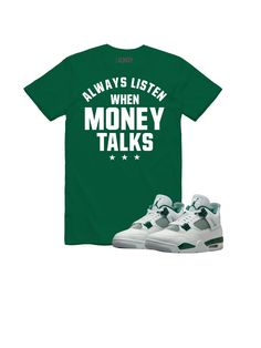 Money talks Classic t-shirt and works great for layered streetwear outfits. Thanks to its durable fabric, it maintains sharp lines along the edges and lasts a long time. Add your design, and surprise your customers with a trendy tee option.  100% cotton Men's t-shirt Green Sporty T-shirt With Screen Print, Green Cotton T-shirt With Logo Print, Casual Green T-shirt With Text Print, Sporty Green Top With Branding, Green Hip Hop Streetwear Tops, Urban Green Top With Letter Print, Green Urban Cotton T-shirt, Urban Green Cotton T-shirt, Urban Style Green Cotton T-shirt