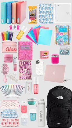 the contents of a backpack, notebooks, and other items are arranged on a white background