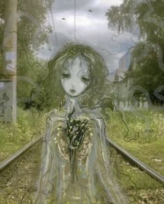 a digital painting of a woman sitting on train tracks