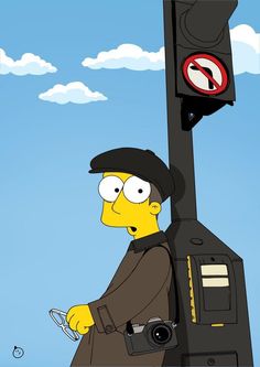 the simpsons is walking down the street with a camera on his shoulder and wearing a hat