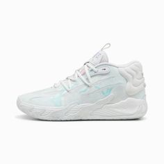 LaMelo Ball’s latest signature has gone holographic – introducing the MB.03 Iridescent, from Melo’s Iridescent Pack. Taking the MB.03’s “Not From Here” aesthetic to a whole new stratosphere, the MB.03 Iridescent features a stunning prismatic sheen that’ll make you stand out, on-court or off. More than just an attention-grabbing colorway, this high-performance basketball shoe is packed with PUMA tech like ultra-responsive NITROFOAM™ for intense, end-to-end play. Rise and shine with Melo’s MB.03 Iridescent. Alternative Universe, Best Basketball Shoes, Iridescent Color, Product Story, Pretty Shoes Sneakers, Lamelo Ball, White Puma