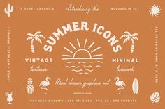 an orange and white poster with the words summer icons in different font styles on it