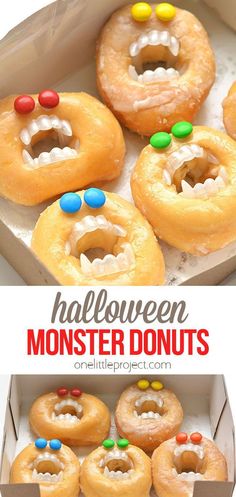 halloween monster doughnuts in a box with candy on top