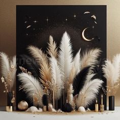 a black and white painting with feathers on it