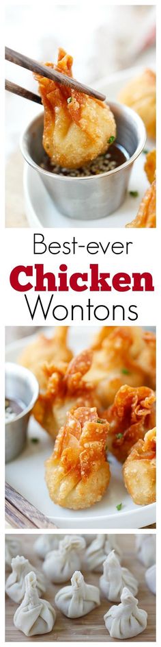 chicken wontons on a white plate with dipping sauce in the middle and an image of