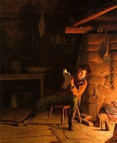 a painting of a boy sitting in front of a fire with a book on his lap