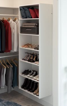 an organized closet with shoes and other items