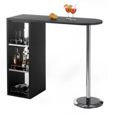 a black bar table with two glasses on it