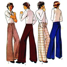 "MEN'S FLARED TROUSERS: Trousers have fly front zipper, waistband with button fastening and self fabric belt carriers. View 1 has side front pleats, pockets and turn-ups. View 2 has bias cut yoke back, patch pockets and top-stitched trim. Offered here as: Paper Pattern and the Original pattern. This pattern is also available as a PDF download here: https://www.etsy.com/uk/shop/VintagePatternsSewBI?ref=seller-platform-mcnav&search_query=4925 Skill Level: Intermediate Size Guide: STANDARD BODY MEA 70s Fashion Men, 1970s Sewing Patterns, Flared Trousers, Poses References, 1970s Fashion, Couture Vintage, Paper Pattern, Mens Vintage, Fabric Belt