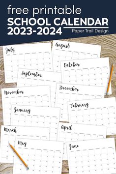 the free printable school calendar is shown with pencils and paper on top of it