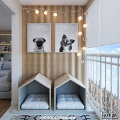 there are two pictures hanging on the wall in this living room, one has a doghouse bed