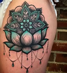 the back of a woman's thigh with a tattoo on it and an image of a