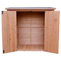 a wooden storage shed with doors open and shelves on the side, isolated against a white background