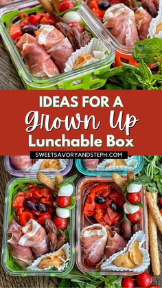 lunch boxes filled with different types of food and the words ideas for a grown up lunch box