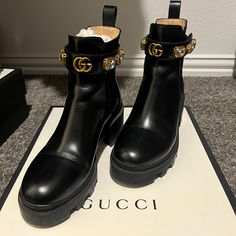 Gucci Boots Size 6.5. Designer Gucci Boots For Evening, Designer Gucci Leather Boots, Designer Gucci Boots, Gucci Designer Leather Boots, Luxury Gucci Boots For Party, Gucci Ankle Boots For Party, Designer Gucci Evening Boots, Designer Leather Boots With Horsebit Detail, Gucci Designer Ankle Boots