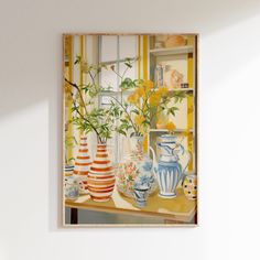 a painting of vases and flowers on a table in front of a window with yellow curtains