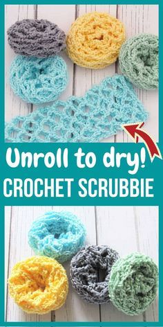 crochet scribbles with the words unroll to dry on them